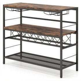 41 Inch 4-Tier Bar Table with Wine Rack and 4 Rows of Glass Holders-Rustic Brown