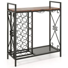 21 Bottle Wine Rack Freestanding Floor Wine Bottle Organizer with Glass Holder-Rustic Brown